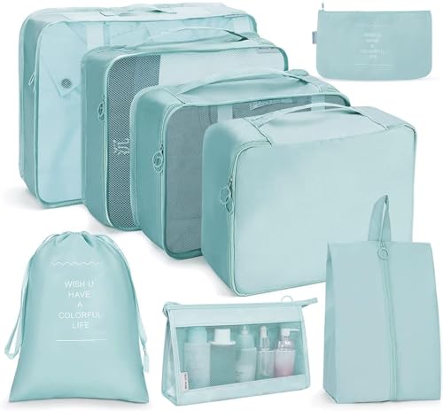 AVENUX 8 Pcs Packing Cubes for Travel, Travel Organizer Bags for Luggage,Clothes Space Savers Bags Suitcase Cosmetics/Underwear/Socks/Shoes Toiletry Bag Laundry (8 PCS, Light Blue)