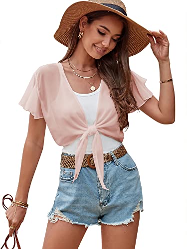 Image of ZAFUL Women's Chiffon Cropped Bolero Sheer Shrugs for Dress Short Sleeve Tie Front Cardigan