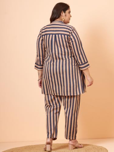 Image of Tissu Women's Plus Size Pure Cotton Blue Printed Shirt with Pyjama Co-Ord Set