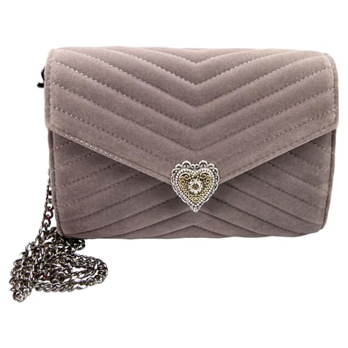 Alpenflüstern Trachtentasche Samtclutch Trachtenherz - Damen Handtasche Schultertasche fürs Dirndl Tasche zur Tracht Dirndltasche mit Metallelemente (grau) DTA107