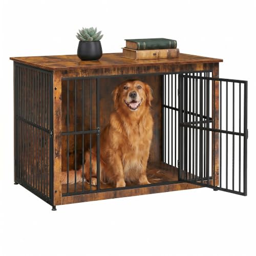 Feandrea Hundekäfig Möbel, Hundebox für Zuhause, Hundehütte Indoor, geschlossener Boden, Hundehaus 2 Türen, XL, Hunde bis 37 kg, Golden Retriever, Deutsche Schäferhunde, vintagebraun PFC024X