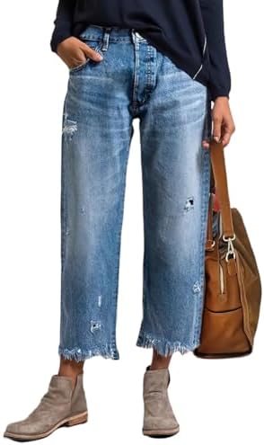 Women's Distressed Crop Ripped Jeans Mid Rise Frayed Raw Hem Boyfriend Straight Leg Denim Pants image 5