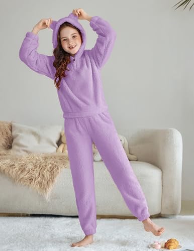 Image of Arshiner Girls 2 Piece Outfits Sweatsuit Fuzzy Long Sleeve Bear Ear Hoodie Sweatshirt and Sweatpant Kids Clothing Sets