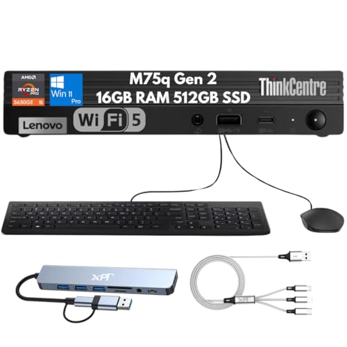 Lenovo ThinkCentre M75q Gen 2 Mini Desktop Business PC, AMD Ryzen 5 PRO 5650GE (6-Core), 16GB RAM, 512GB SSD, 4K Display Support, Wi-Fi, Bluetooth, Ethernet, Keyboard & Mouse, Copilot Windows 11 Pro