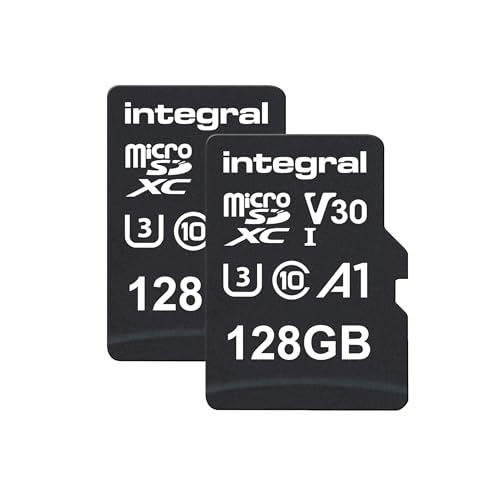 Integral 128GB Pack Double Cartes microSD Premium, vidéo 4K, 100MB/s Lecture, 50MB/s écriture, UHS-I, U3, V30, Classe 10, A1 – pour Smartphones, tablettes, Drones,...