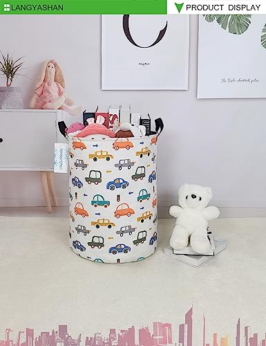 Image of Laundry Basket Canvas Fabric Collapsible Organizer Basket for Storage Bin Toy Bins Gift Baskets Bedroom Clothes Children Nursery Hamper (Round Color Cars)