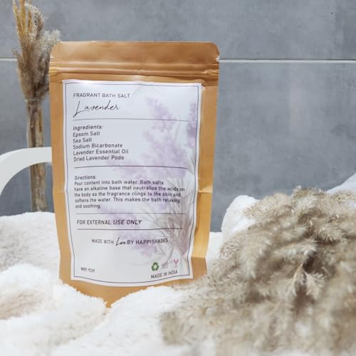 Image of Happishades Bath Salt | For Body & Foot Spa, Calming, Relaxing, Muscle Aches Pain Relief, Aromatherapy | Pure & Natural Epsom, Sea Salt & Essential Oils - 200 grams (Lavender)