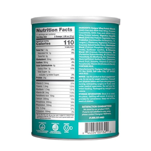 Image of Designer Wellness, Designer Whey, Natural Whey Protein Powder with Probiotics, Fiber, and Key B-Vitamins for Energy, Gluten-Free, French Vanilla, 12oz