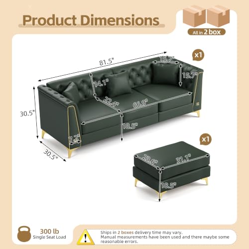 Image of KEIKI 82 inch Faux Leather Chesterfield Sofa with Handmade Button Tufted, Green | Luxury Modern 3-Seater Couch with Metal Trim Armrests & High Resilience Cushion & 1 Ottoman & 3 Pillow, for Living Room