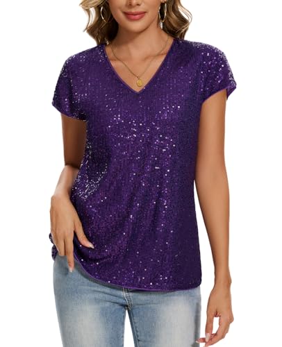 MINTLIMIT Women's Sparkle Sequin Tops Shimmer Glitter Loose Cap Sleeve