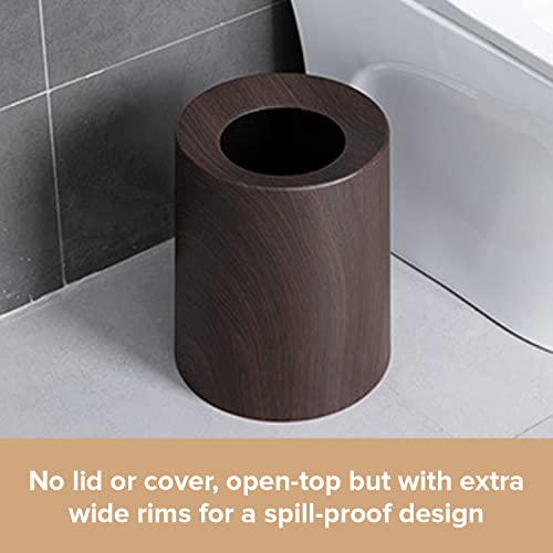 Image of Spill Proof Kids Pet Friendly Garbage Can - Dark Walnut Wood Color Trash Bin - Top Indoor Outdoor Office Bedroom Bathroom - 3.2Gal - Patio Bar Loft Den - Round Designer Waste Basket - 10inx10inx12in