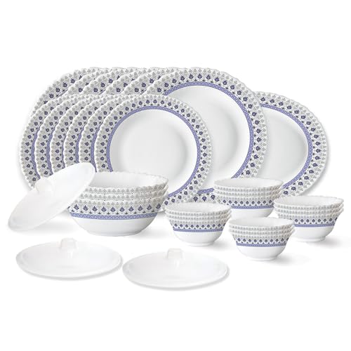Larah by Borosil Ocean Fluted Series Opalware Dinner Set | 31 Pieces for Family of 6 | Microwave & Dishwasher Safe | Bone-Ash Free | Crockery Set for 