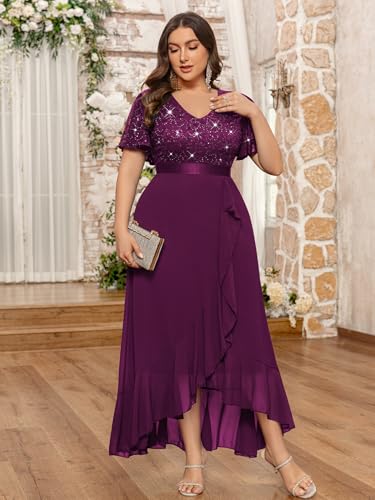 MISSMAY Women's Plus Size V Neck Sequin Lace Butterfly Sleeves Formal Evening Party Long Dress3