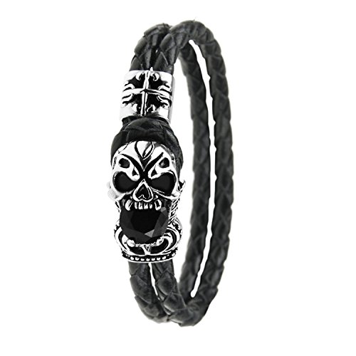 Preisvergleich Produktbild Herren Armband Geflochten Schmuck Gotik Totenkopf Schädel Armreif Panzerkette,Leder Echtleder Edelstahl,Schwarz Silber