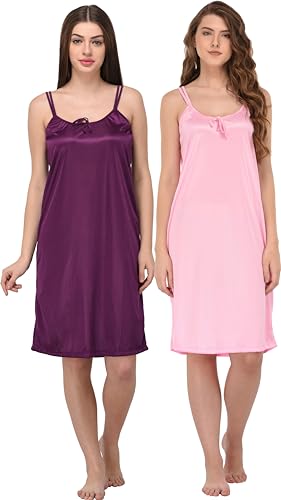 Image of You Forever Women Sexy Satin Striped Solid Above Knee Length Nighty, Loungewear, Nightwear, Sleepwear, Home Wear Short Nighty for Women Pack of 2