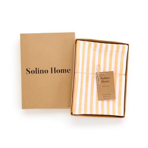 Image of Solino Home 100% Pure Linen Placemats, 14 x 19 in, Mustard Stripe, Set of 4