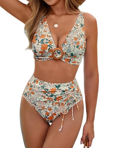 BMJL Womens High Waisted Bikini Sets Floral Two Piece Swimsuits V Neck Tummy Control Bathing Suits