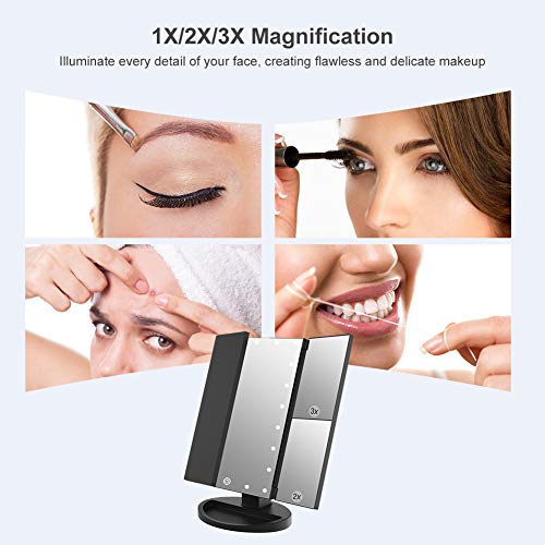 WEILY Tri-Fold Makeup Mirror - 21 LED Lights, Adjustable Touch Screen, 1x/2x/3x Magnification, Chargeable for Travel (Black)
