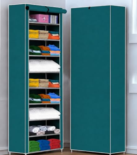 Image of YouCopia Collapsible Wardrobe 9 Shelves Storage Clothes Storage Rack Quick Wardrobe /Cabinet /Multipurpose Storage Rack, Foldable, Collapsible Fabric Organizer Plastic (Firozi, 9-Layer)