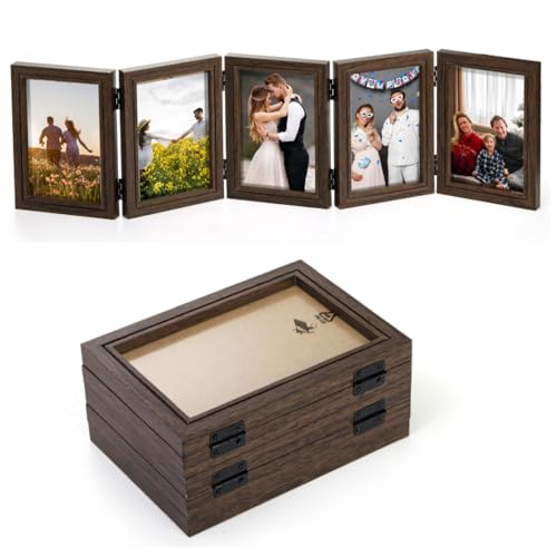 Image of Covzoe 4 x 6 Inch 5 Folding Accordion Picture Frame, Foldable Hinged Wood Photo Frame for Tabletop Display Multiple Family Pictures, High Definition Rustic Photo Collage for Birthday Gift Christmas Mother's Day