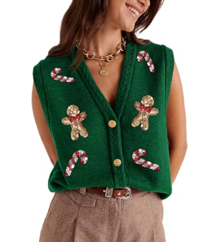 Image of Women Christmas Knit Vest Top Santa Embroidery Sleeveless Button Down Sweater Vest Xmas Snowman Cardigans Tank Top