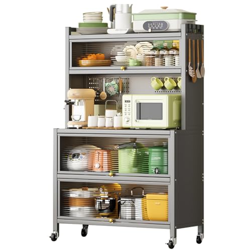 Estante de Almacenamiento de Cocina, estantes para panaderos con gabinete de Almacenamiento, Soporte para microondas de 5 Niveles con gabinete de Puerta abatible de acrílico, Accesorios y ga