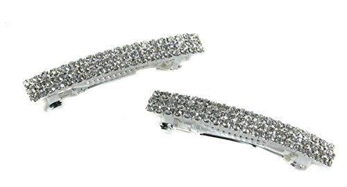 Classic Women's Rhinestone Bar Hair Barrette (Set of 2) 2.5" Long (Two Silver)