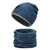 Enwokran Kinder-Mützenset und Loop-Schal Set, Herbst-Wintermütze und Schal-Set, Doppellagige Kontrastfarbene Flormütze für Herbst, Winter, Frühling Mädchen Jungen 3-8 Jahren (Astronauten-Marine)