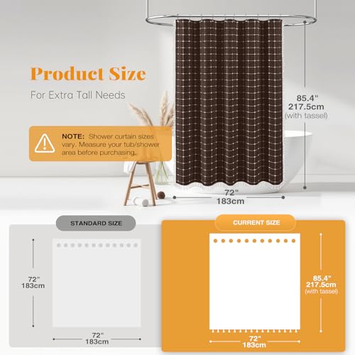 Image of BTTN Extra Long Shower Curtain - 72x84 Inch Long Boho Chic Tassel Linen Fabric Shower Curtain Set with Hooks, Tall Modern Farmhouse Elegant Heavy Duty Thick Cloth Shower Curtains for Bathroom - Brown