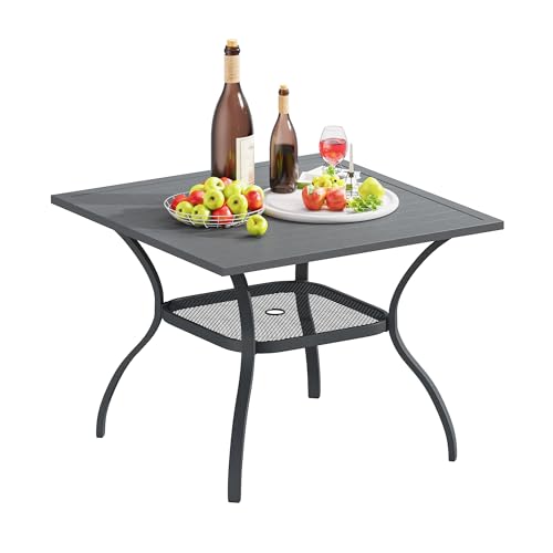Image of VICLLAX Outdoor Patio Dining Table for 4, Square Patio Table with Umbrella Hole for Patio Lawn Deck Backyard, Dark Grey Tabletop