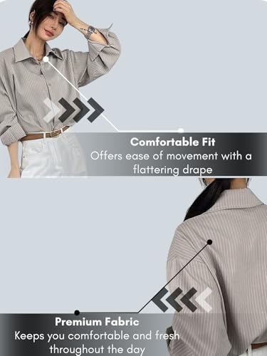 Image of GRECIILOOKS Striped Shirt for Women | Korean Style Full Sleeve Oversized Button Down Shirts | Tops for Women | Shirt for Woman | Plus Size Top for Office & Casual Outfit