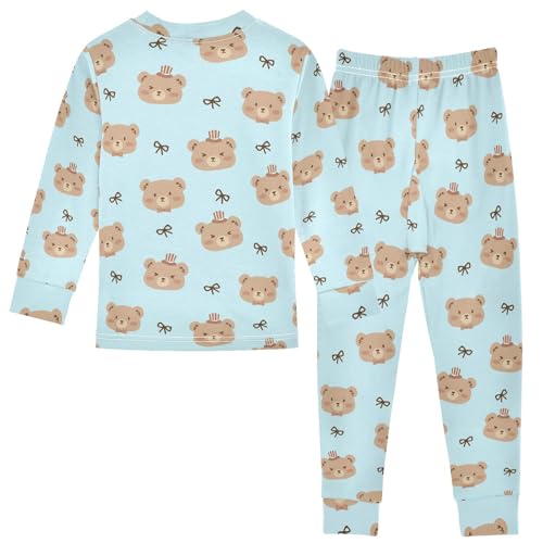 Cute Brown Bears Blue Print Cute Pajama Sets Long Sleeve Top and Pants, Snug Fit Sleepwear for Night Wears2