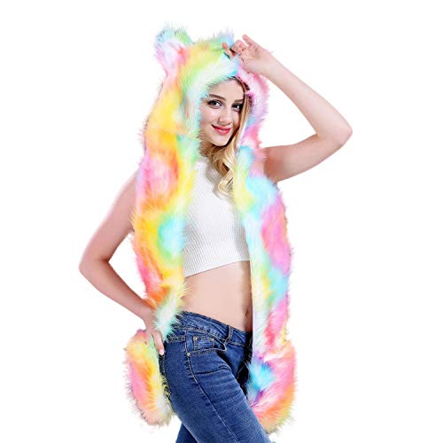 Thickened Animal Hat Hood Faux Fur Hood Scarfs Full Pockets Ear Cap Hoodie Furry Gloves2
