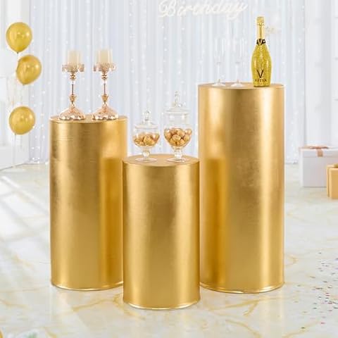 Htper Set of 3 Gold Spandex Cylinder Stand Covers for Party, Flexible Stretchy Cylinder Pedestal Covers Plinth Stand Pillar Cover for Birthday Party Wedding Props Baby Shower Decor Cover