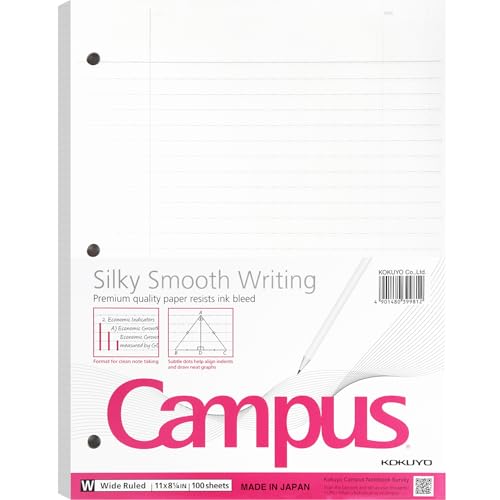 Kokuyo Campus Loose Leaf Paper for 3 Ring Binders, 8-1/4\"x11â€, Wide Ruled Notebook Paper, 100 Sheets, 70 GSM Japanese Smooth Paper Prevents Ink Bleeding, School Suppliers, Made in Japan (WSG-NO-887G3)