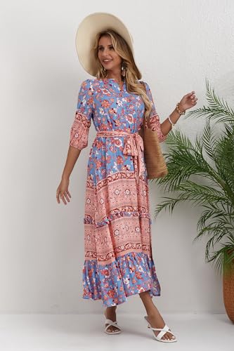 Image of Women Boho High-Waist Floral Print Maxi Dress 3 /4 Sleeve Casual | Soft Rayon, Breathable, Quick-Dry. High-Waist with Adjustable Belt, Flattering Hem. Ideal for Beach, Work & Dating.