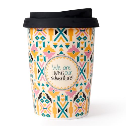 ALYC Reusable Ceramic Travel Coffee Cup – 8oz Double-wall New Bone China Coffee Mug with silicon lid (Adventure)