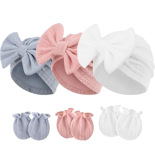 Image of Newborn Baby Hats and Mittens Set Infant Bow Beanie Cap Toddler Gloves Newborn Hospital Hats for Baby Boy Girl 0-12 Months