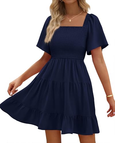 Image of BTFBM Womens Summer Smocked Mini Dress Spring Square Neck Flutter Sleeve Casual Ruffle Swing Boho Beach Dresses Pockets