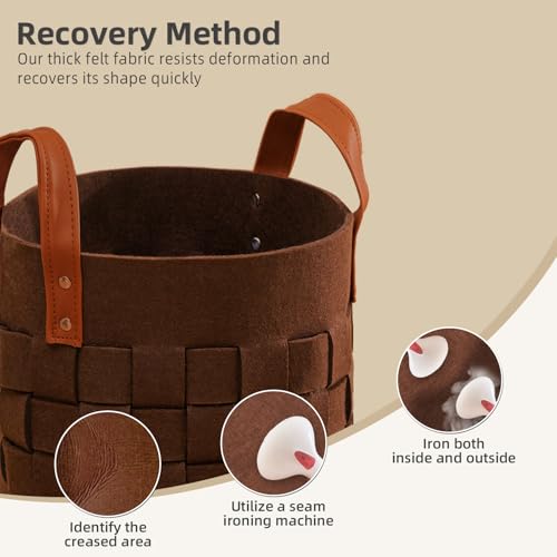 Image of BOLDMONKEY Storage Baskets for Shelves 3 Pack, Medium 11 inch x11 inch x9.5 inch Round Decorative Storage Basket Felt with Leather Handle, Soft Clothes Basket for Socks, Neckties Organizer-Brown