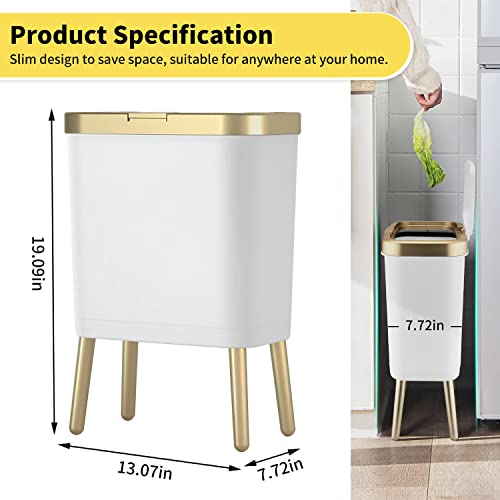 Trash Can With Lid, Plastic Garbage Can With Push Button, Narrow Modern Waste Basket For Kitchen, Slim Dogproof Bedroom Garbage Bin , 15L Bathroom Trash Can For Home, Living Room, Toilet, Office (White) #TOP3