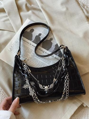 QWINEE Women's Y2k Purse Punk Goth Faux Leather Shoulder Bag Cross Chain Hobo Handbag2