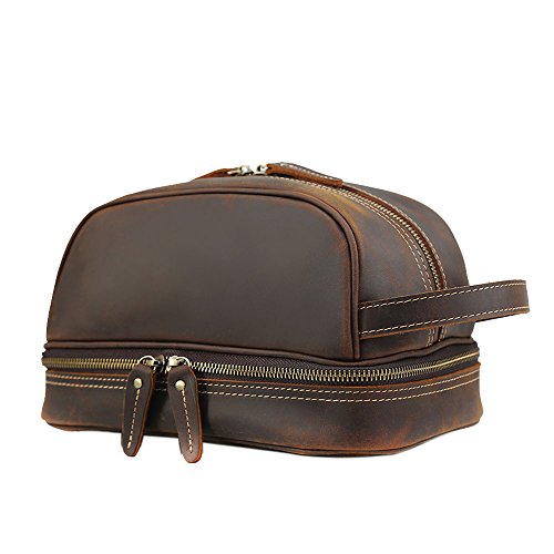 Preisvergleich Produktbild Neuleben Echtleder Kulturtasche mit 2 Fächer XXL Kulturbeutel Kosmetiktasche mit Tragegriff Vintage für Reise (Braun)