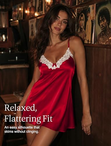 Image of Girece Sexy Night Gowns for Woman Silk Nightgown Lace Trim Sleep Dress Babydoll Lingerie Satin Nighty Negligee