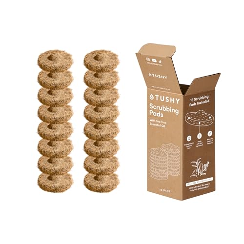 Image of TUSHY Tea Tree Coconut Husk Scrubbing Pads, Cleanser-Infused, 16 Pack