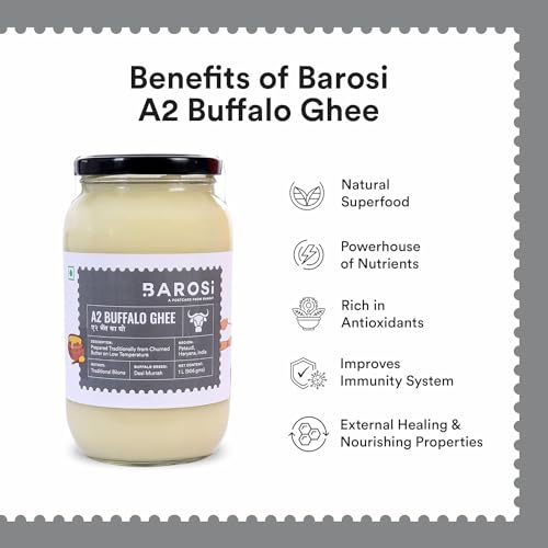Image of Barosi Premium Buffalo Ghee 1 Litre | Vedic Bilona Method | Churned From Curd | Pure & Natural | Farm Made In Small Batches | Glass Jar Packing | B Buffalo Ghee 1Lt