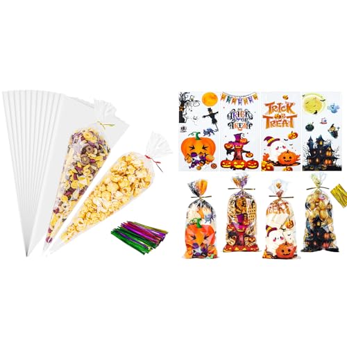 NPLUX Bundle of 100 Pack Clear Cellophane Bags and Halloween Treat Bags with Ties for Party Favors, Bakery, Candy, Popcorn