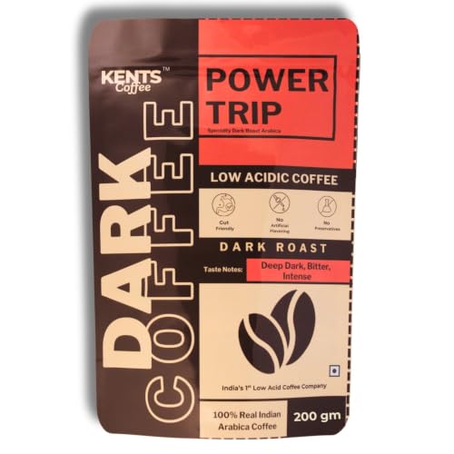 Image of Kents Coffee Power Trip Dark Roast Whole Bean Coffee | LOW ACIDIC COFFEE | 100% Indian Arabica | Taste Strong, Bitter & Intense French Roast | Best for Espresso, French Press, Cold Brew | Chikmangalur Single Estate | Washed Arabica | Hot & Cold Brew | Roasted Beans | 200g