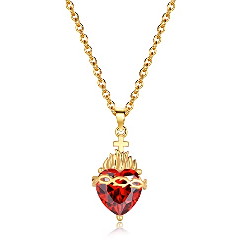 Gold Sacred Heart of Jesus | Immaculate Heart of Mary Necklace for Women with Cubic Zirconia Gemstone Religious Jewelry Gift