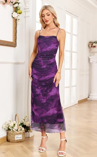 OutfitShow Womens 2026 Summer Floral Spaghetti Strap Bodycon Dresses Ruched Mesh Sexy Cocktail Party Long Dresses, Purple Floral S — view 5